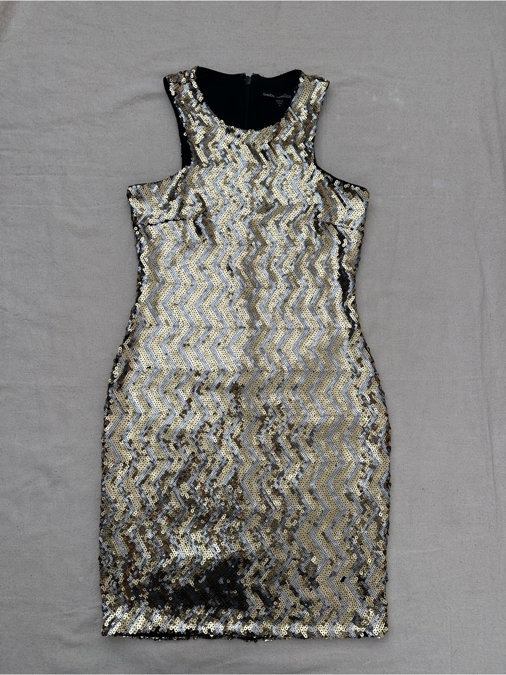 Bebe Addiction Metallic Sequin Chevron Mini Party Dress Medium Glam GlitzBodycon